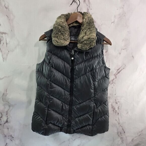 Eddie Bauer Down Vest Womens Small Gray Zip Faux Fur Quilted Puffer Coat 650 FP - Picture 1 of 10